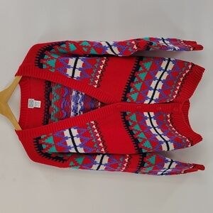Vintage Gina Peters geometric red multicolor cardigan sweater size medium